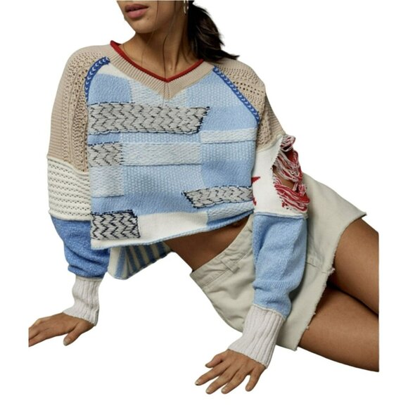 Urban Outfitters BDG Johnny Patchwork Pullover Cropped Sweater Small NEW - Picture 1 of 10